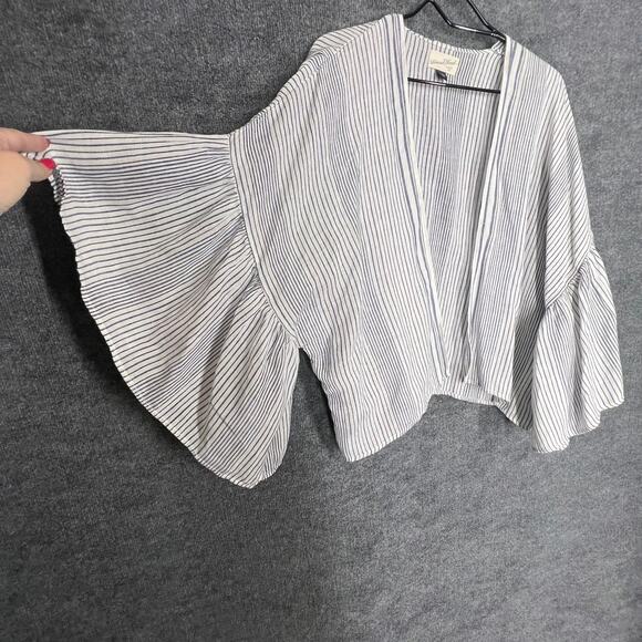 Kimono Cardigan Womens One Size Blue White Striped Gauzy Beachy Flounce Boho - Picture 2 of 5